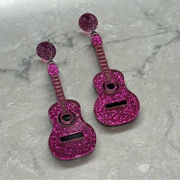 Pink Sparkly Rock n Roll Guitar Earrings NEW - Picture 3 of 8